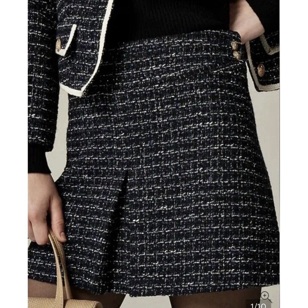 NWT J Crew Collection Navy Black Center Pleate Tweed Mini Skirt Size 6